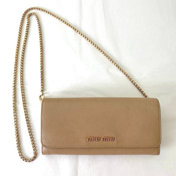 Miu Miu Handbags - Authentic Miu Miu Beige Leather Wallet on Chain Gold Logo Crossbody